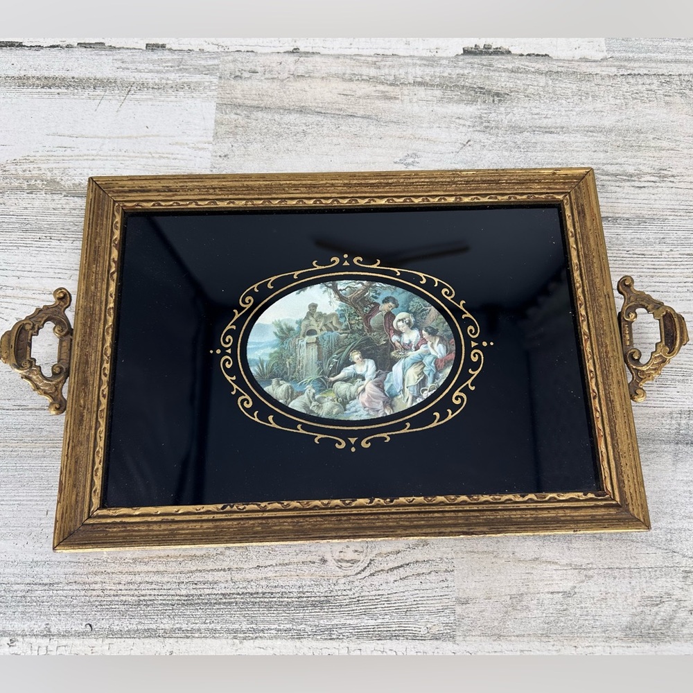 Vintage Handled Tray With Art Under Glass Gold Gilded Wall Hanging